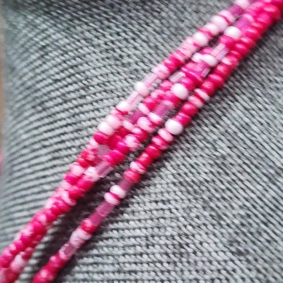 Vibrant Pink Floral Pendant Necklace with Beaded Strands, Eclectic Boho Chic - Picture 6 of 9